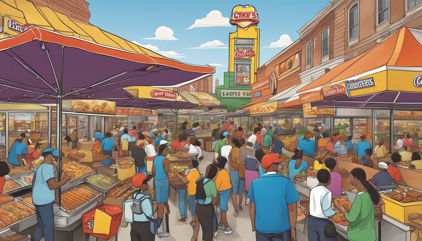 A bustling market with Church's Texas Chicken's logo prominently displayed, surrounded by competing fast food brands