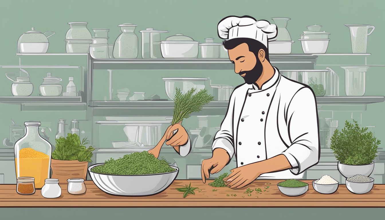 A chef mixes a blend of herbs and spices in a bowl, ready to coat a fresh batch of chicken