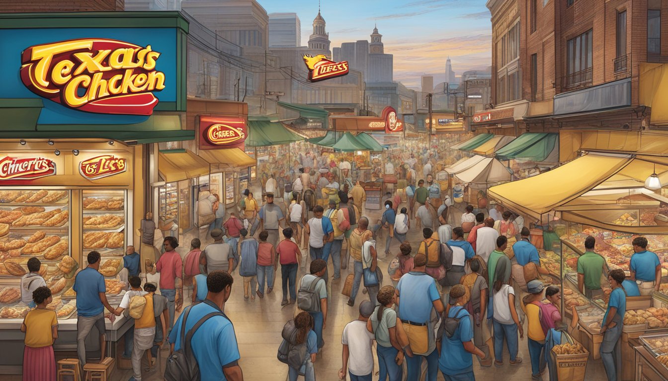 A bustling market with Church's Texas Chicken logos displayed worldwide