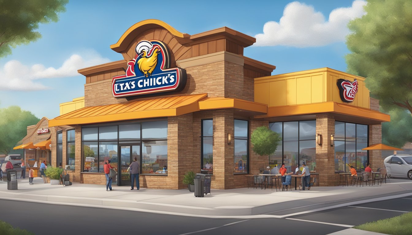 A vibrant, Texas-inspired landscape with a prominent Church's Texas Chicken logo displayed on a storefront, surrounded by bustling franchise locations