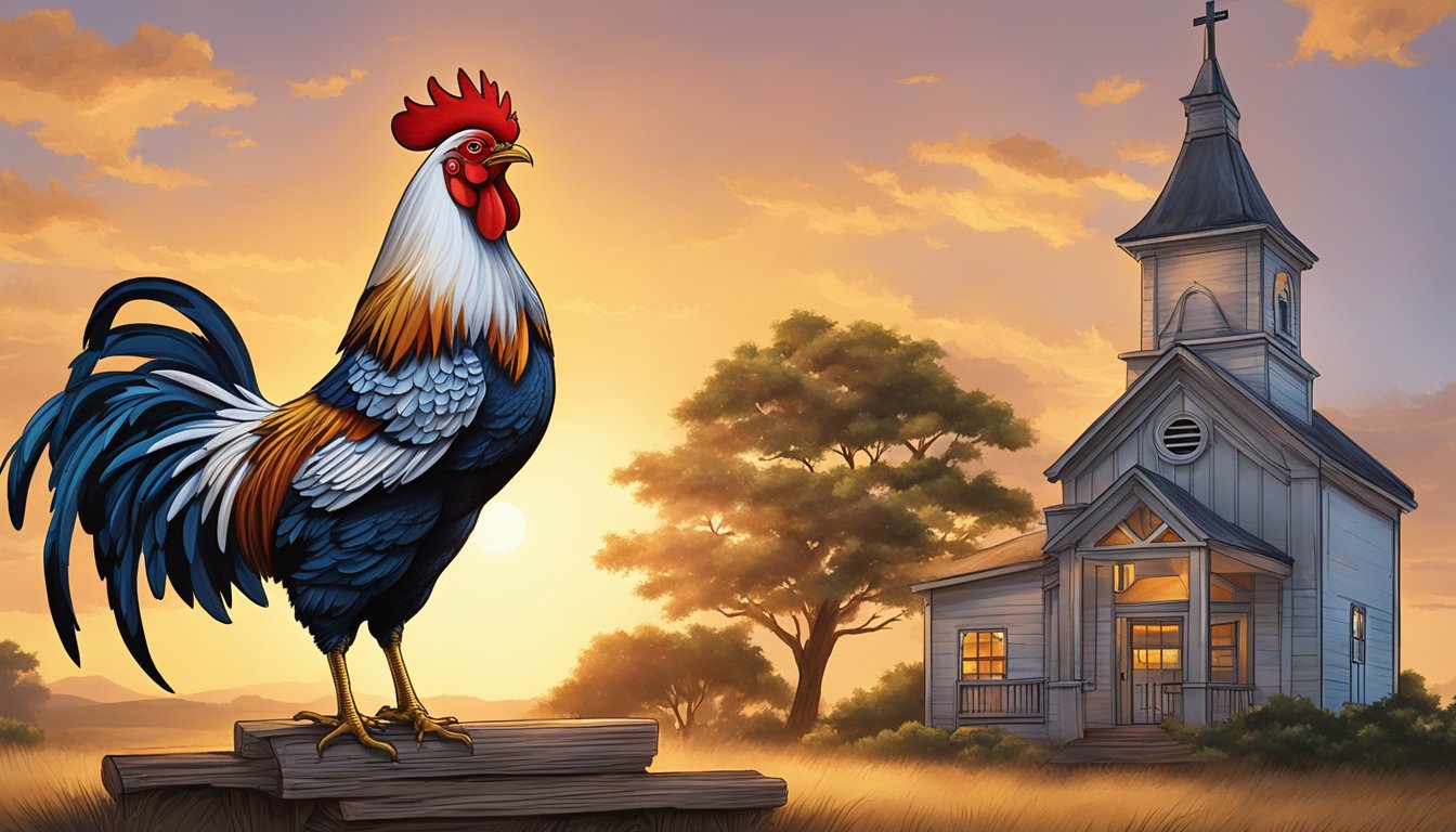 A rooster stands proudly atop a rustic wooden sign, with the Texas landscape in the background. The sun sets behind the iconic symbol of Church's Texas Chicken, representing the brand's evolution over time