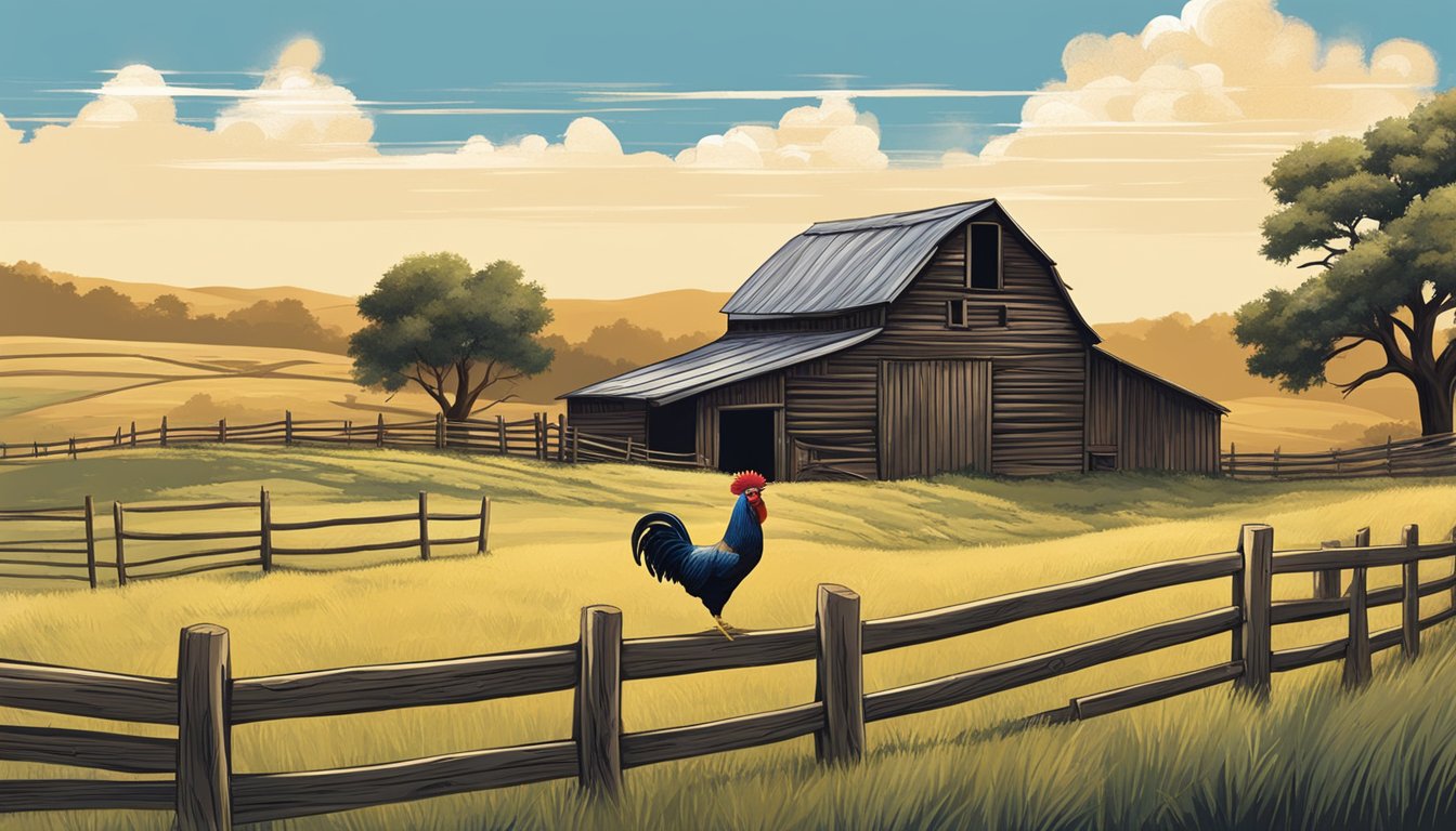 A classic Texas landscape with a rustic, weathered barn and a proud rooster perched on a fence, surrounded by rolling hills and a big blue sky