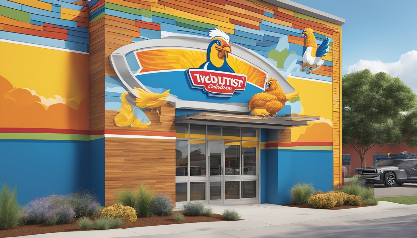 A vibrant and colorful mural adorns the exterior wall of a Church's Texas Chicken restaurant, featuring the evolution of the brand's logo and branding throughout its history