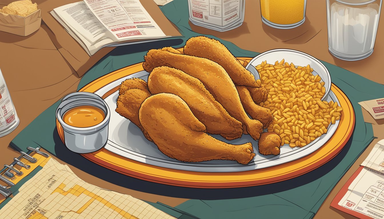 A platter of Church's Texas Chicken surrounded by nutritional information labels and a measuring scale