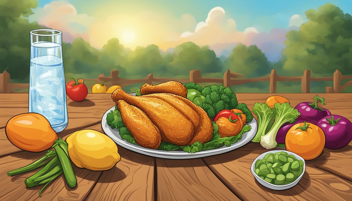 A plate of Church's Texas Chicken surrounded by fresh vegetables and a glass of water on a wooden table