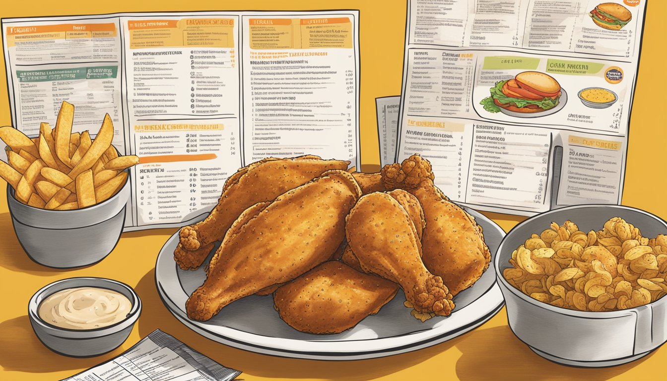 A table with a spread of Church's Texas Chicken menu items, surrounded by nutritional information charts and graphs