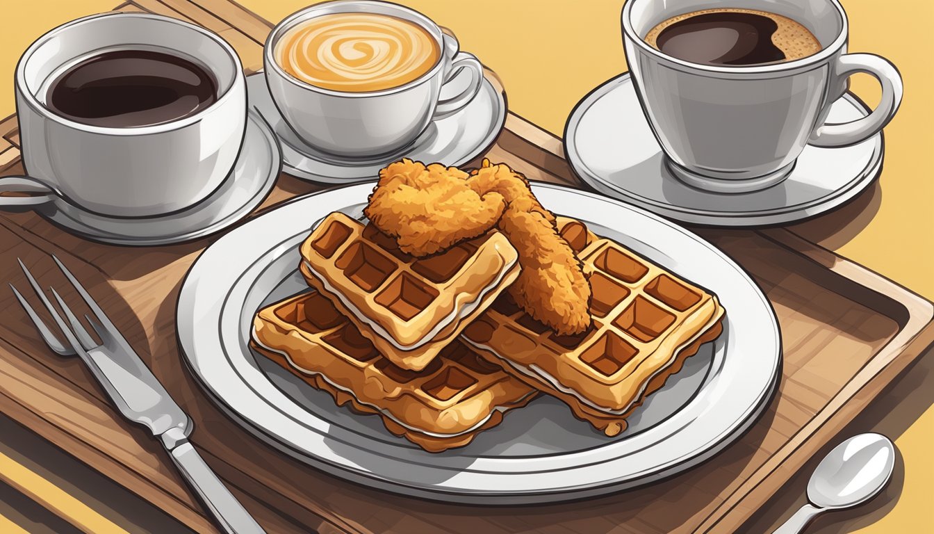 A table set with a plate of fried chicken and waffles, a biscuit sandwich, and a cup of coffee on a tray