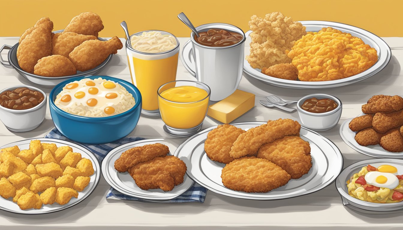 A table set with a variety of breakfast combos and meals from Church's Texas Chicken, including biscuits, chicken, eggs, and hash browns