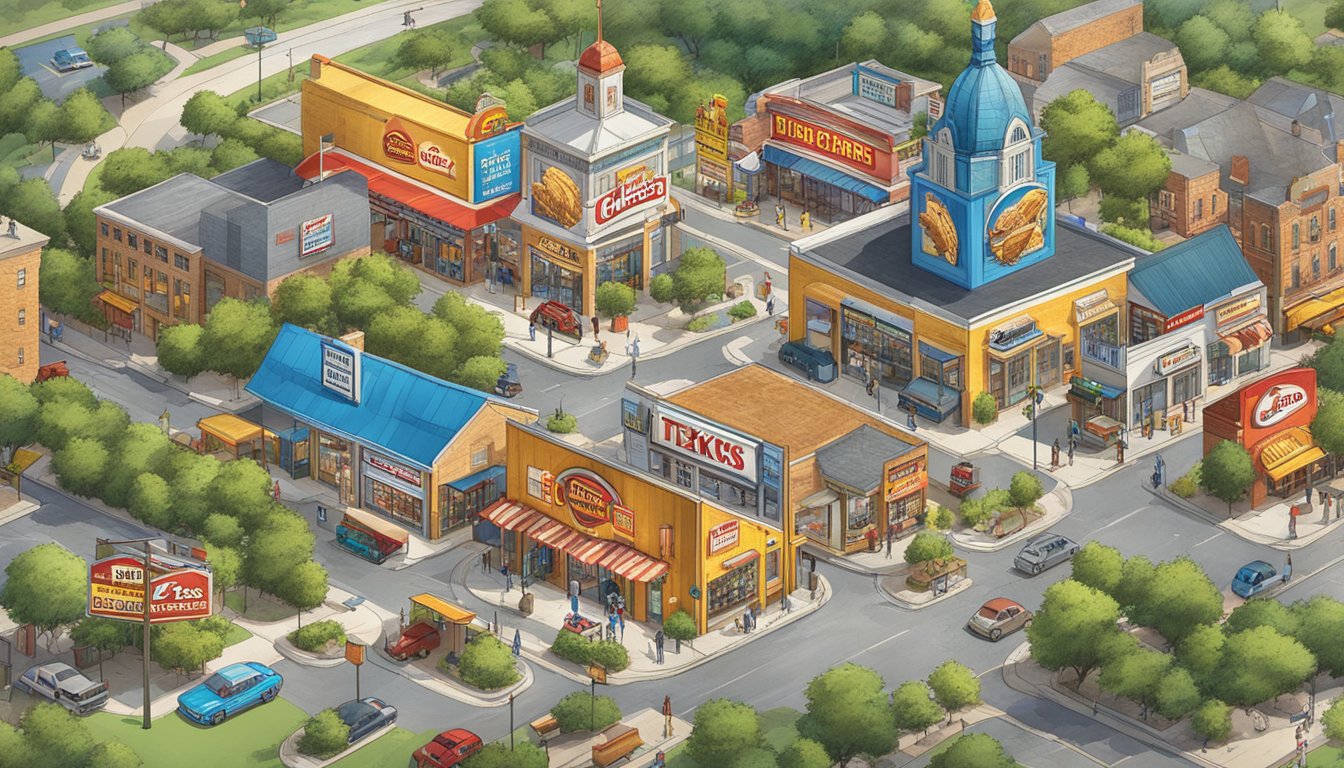 A bustling cityscape with Church's Texas Chicken signage, surrounded by diverse American landmarks and landscapes