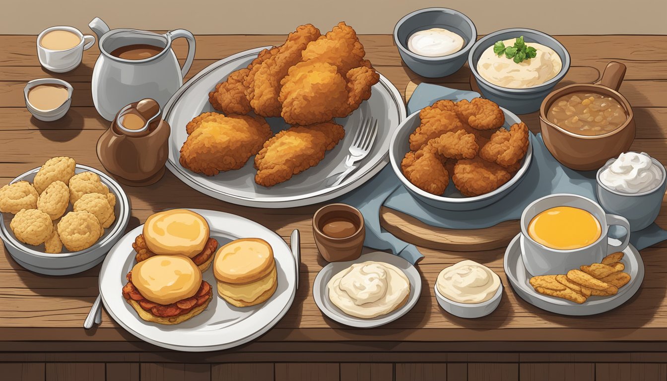 A rustic wooden table displays a spread of classic Southern breakfast options, including fried chicken, biscuits, gravy, and sides