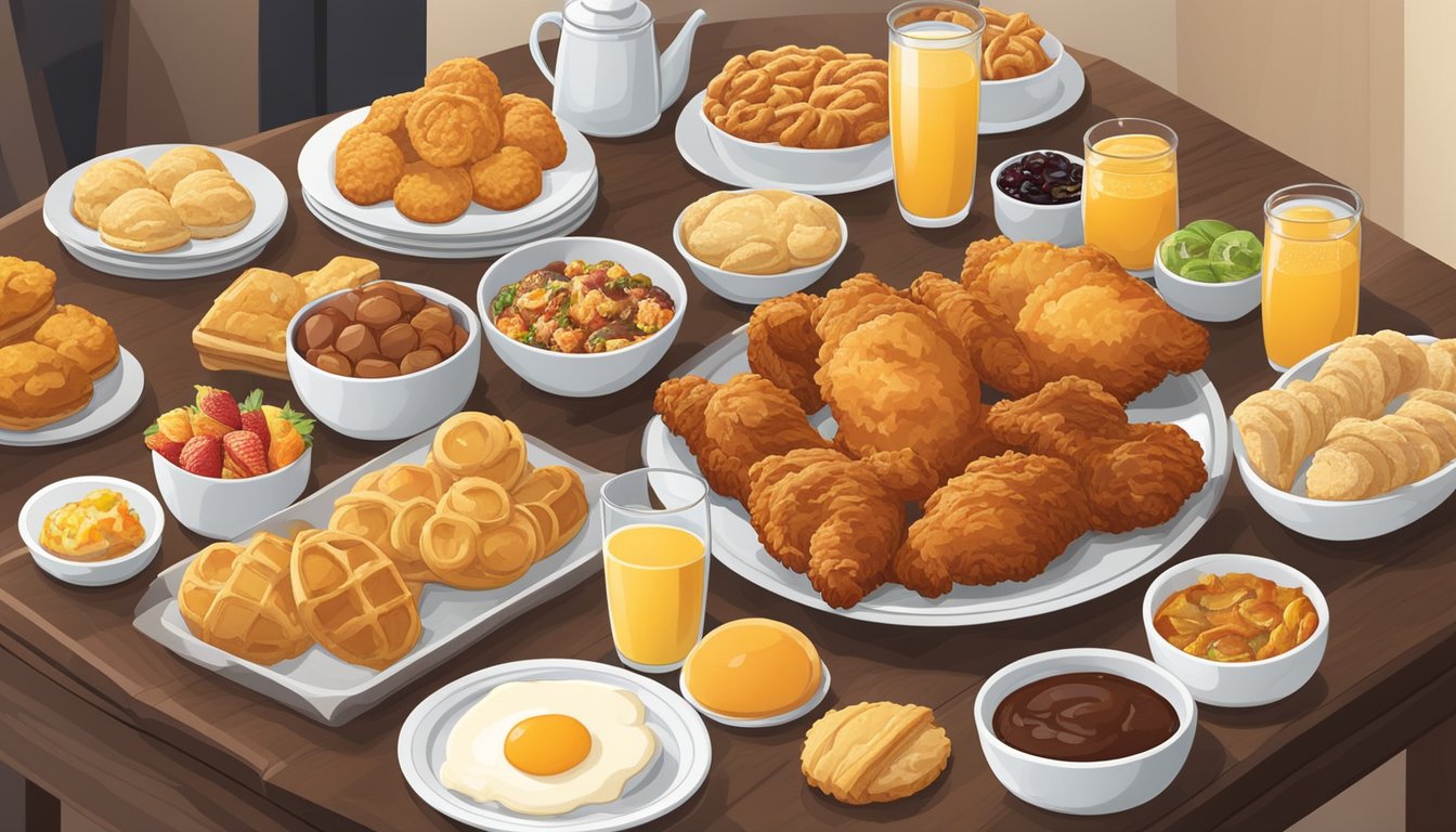 A table spread with a variety of breakfast options, including fried chicken, biscuits, and sweet pastries, all arranged in an inviting display