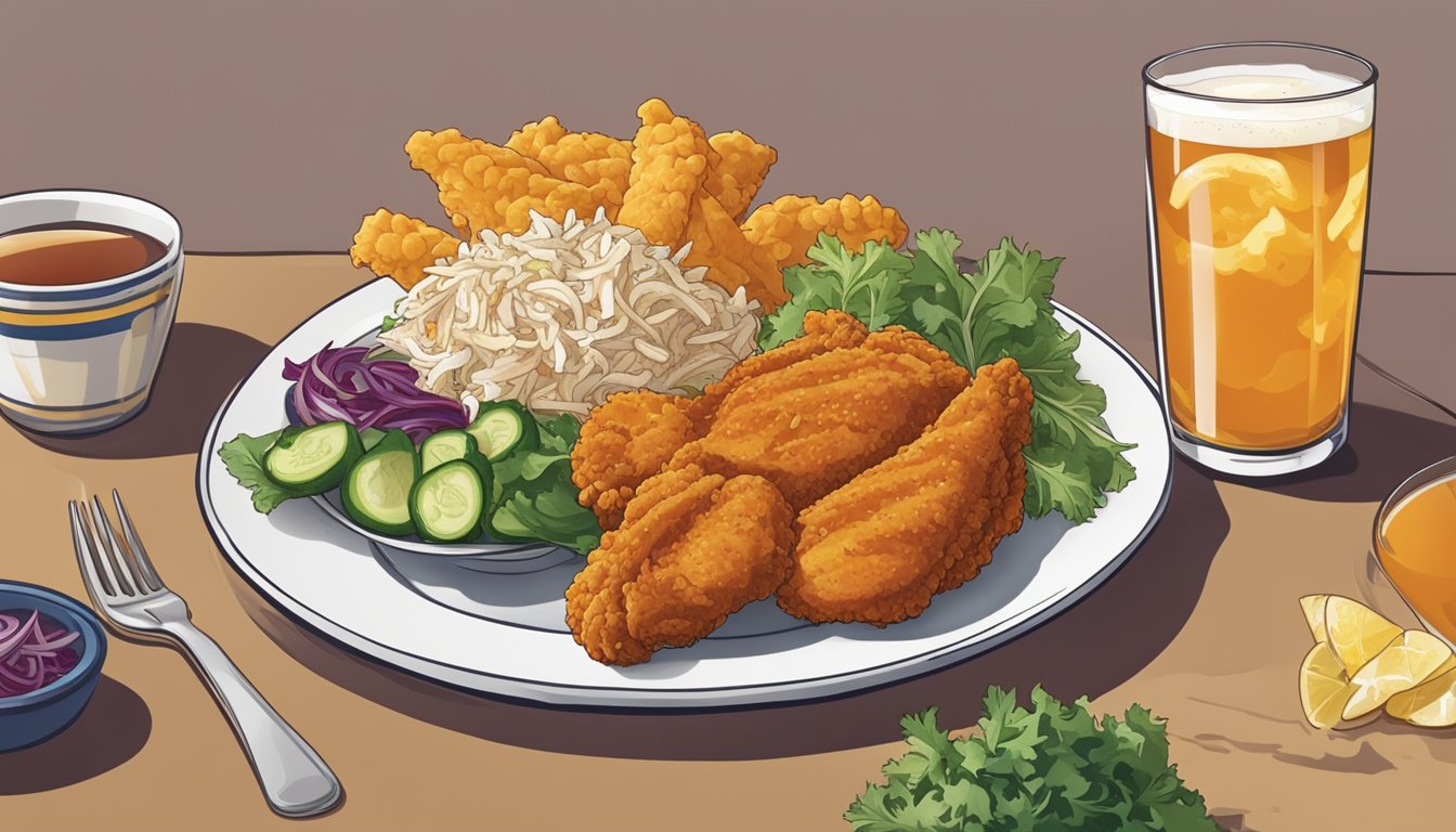 A plate of Church's Texas Chicken surrounded by fresh vegetables and a side of coleslaw, with a glass of iced tea on the side