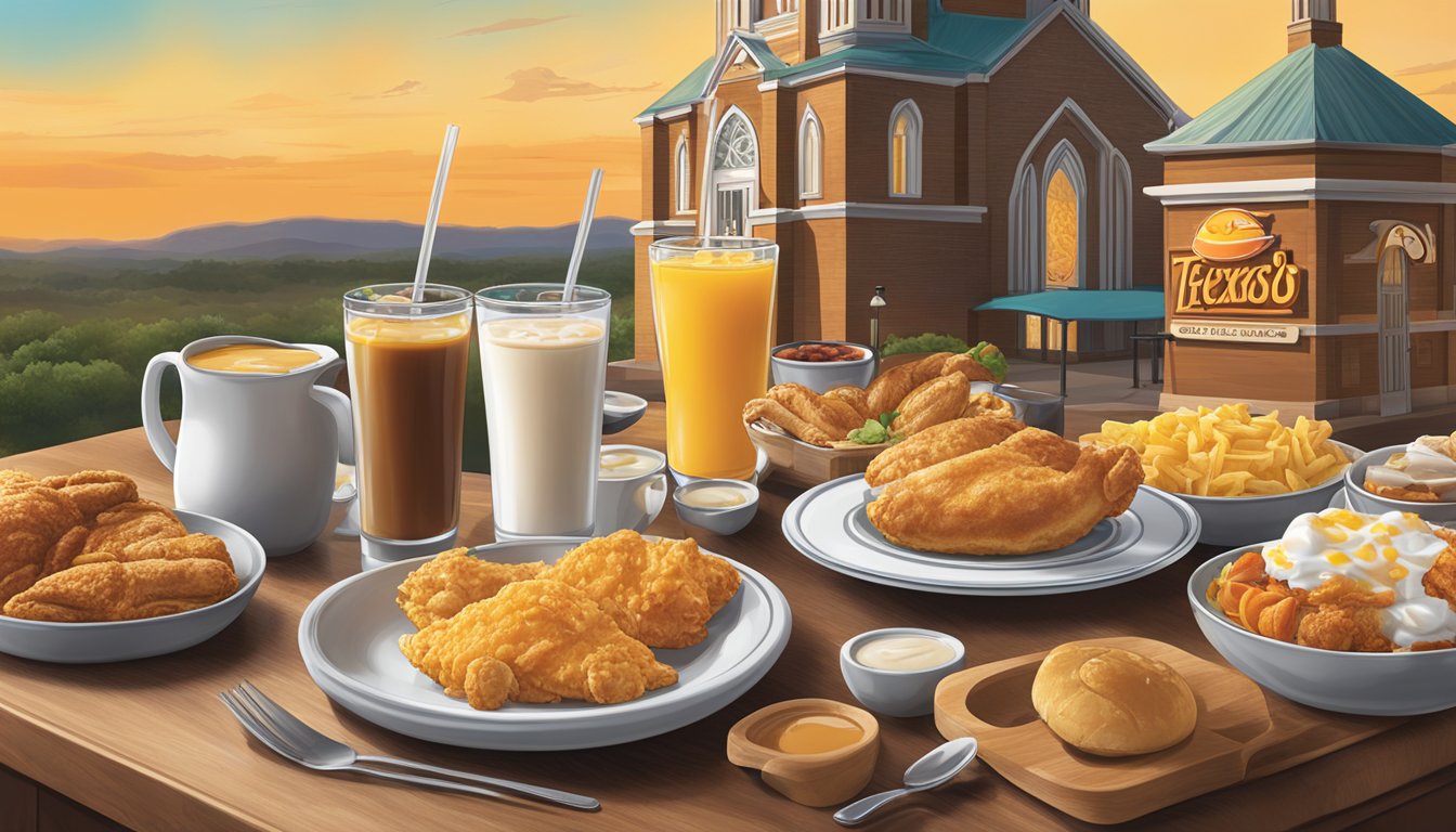 A table with a variety of breakfast beverages and drinks, including coffee, orange juice, and iced tea, set against a backdrop of the Church's Texas Chicken restaurant logo