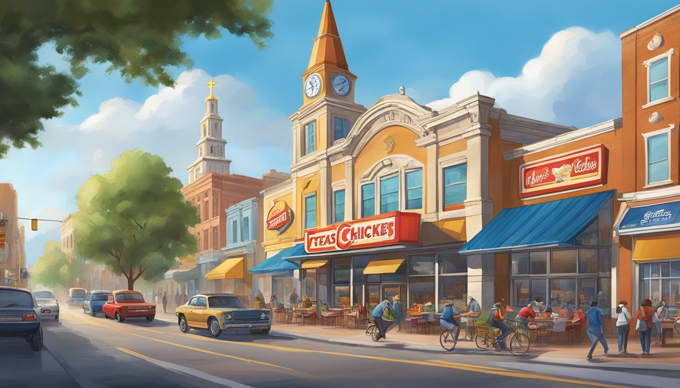 A bustling city street with a prominent Church's Texas Chicken restaurant, surrounded by diverse American landmarks and landscapes