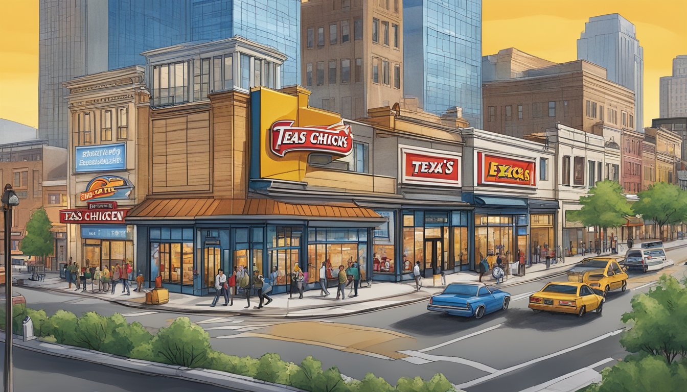 A bustling cityscape with a prominent Church's Texas Chicken restaurant, surrounded by busy streets and diverse buildings, showcasing the expansion of the brand across America