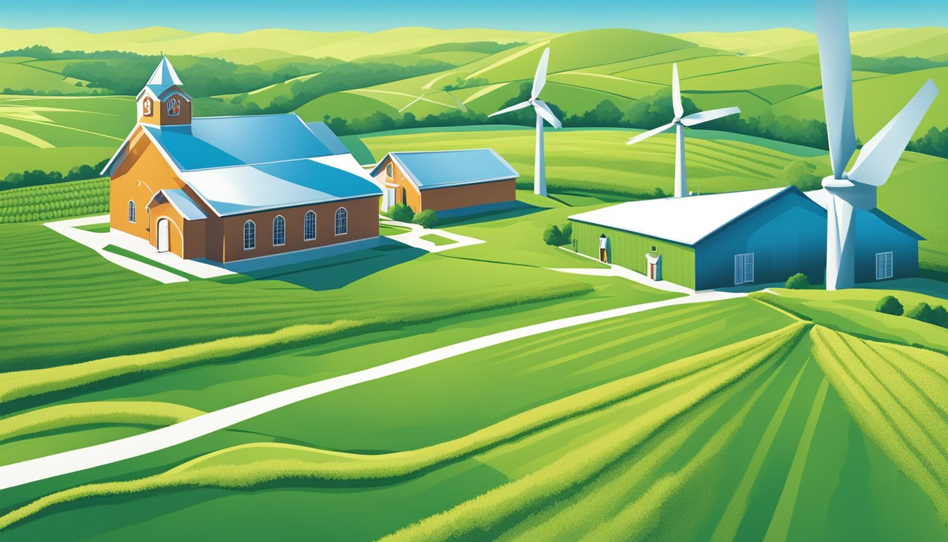 The Church's Texas Chicken logo surrounded by lush green fields and a clear blue sky, with wind turbines in the background symbolizing sustainable practices