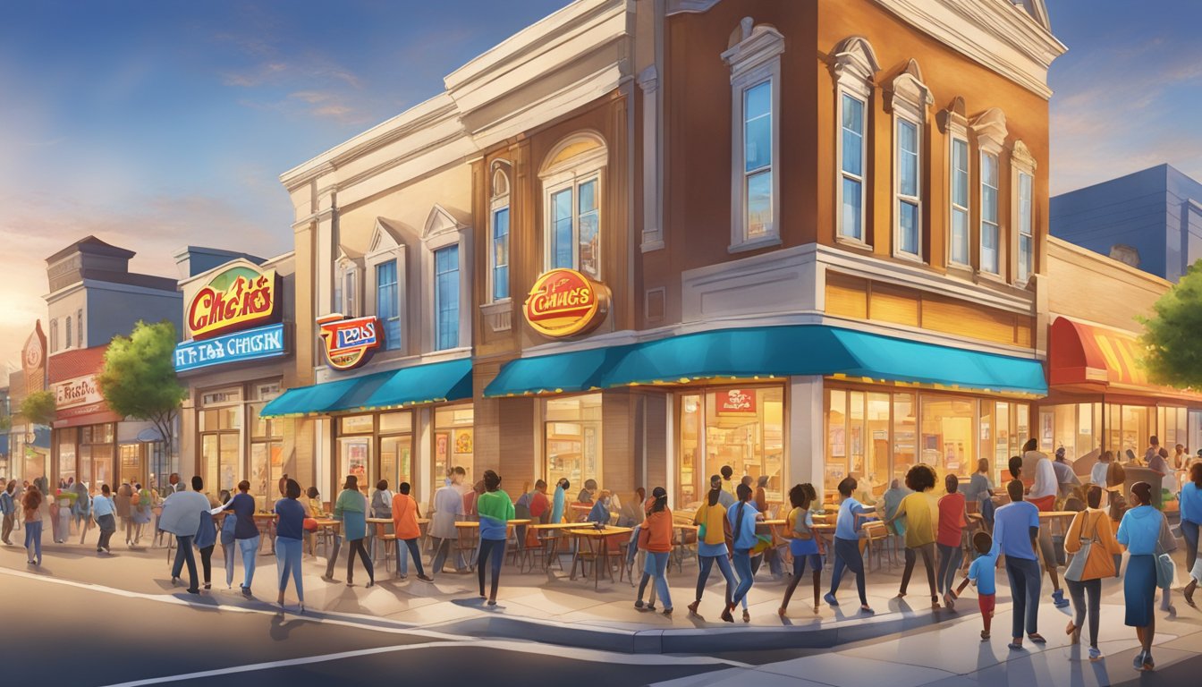 A bustling city street with a vibrant Church's Texas Chicken restaurant, surrounded by enthusiastic customers and eye-catching marketing materials