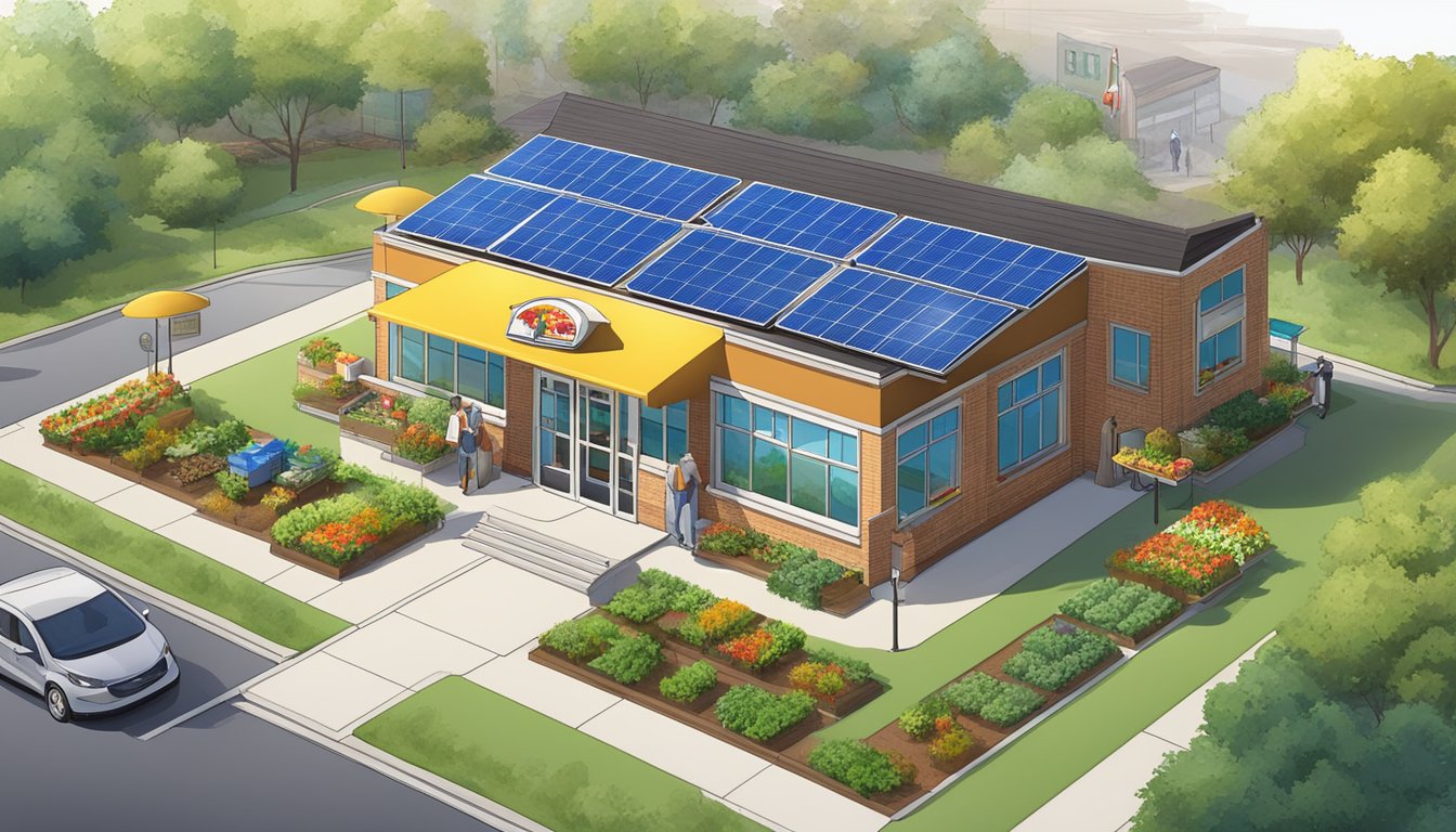 A bustling Church's Texas Chicken restaurant with solar panels, recycling bins, and a garden with fresh produce