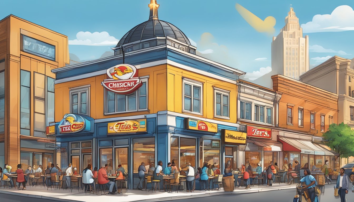 A bustling cityscape with a prominent Church's Texas Chicken storefront, surrounded by diverse customers enjoying the new menu offerings and innovative dining experience