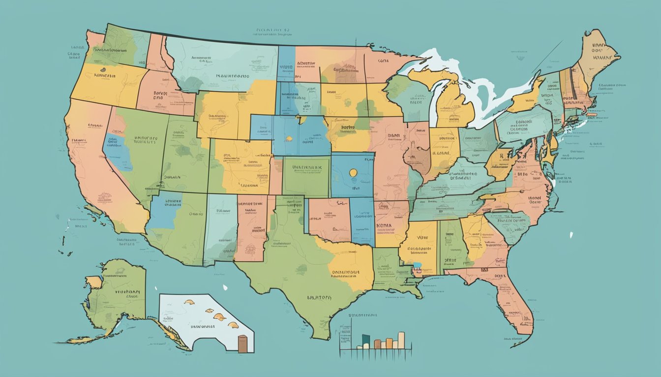 A map of the United States with various locations marked, surrounded by financial charts and graphs showing positive growth