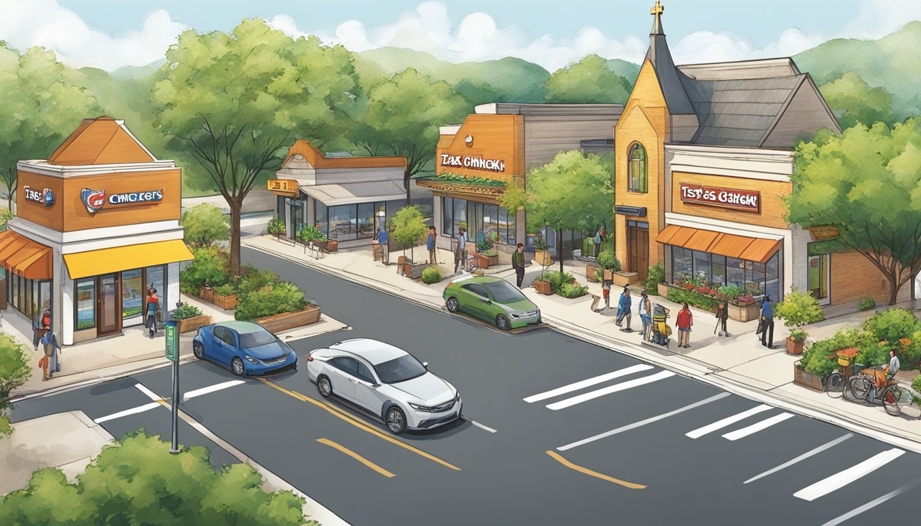 A bustling urban street with a Church's Texas Chicken restaurant surrounded by greenery and sustainable features. Customers engage with marketing materials promoting the brand's eco-friendly practices