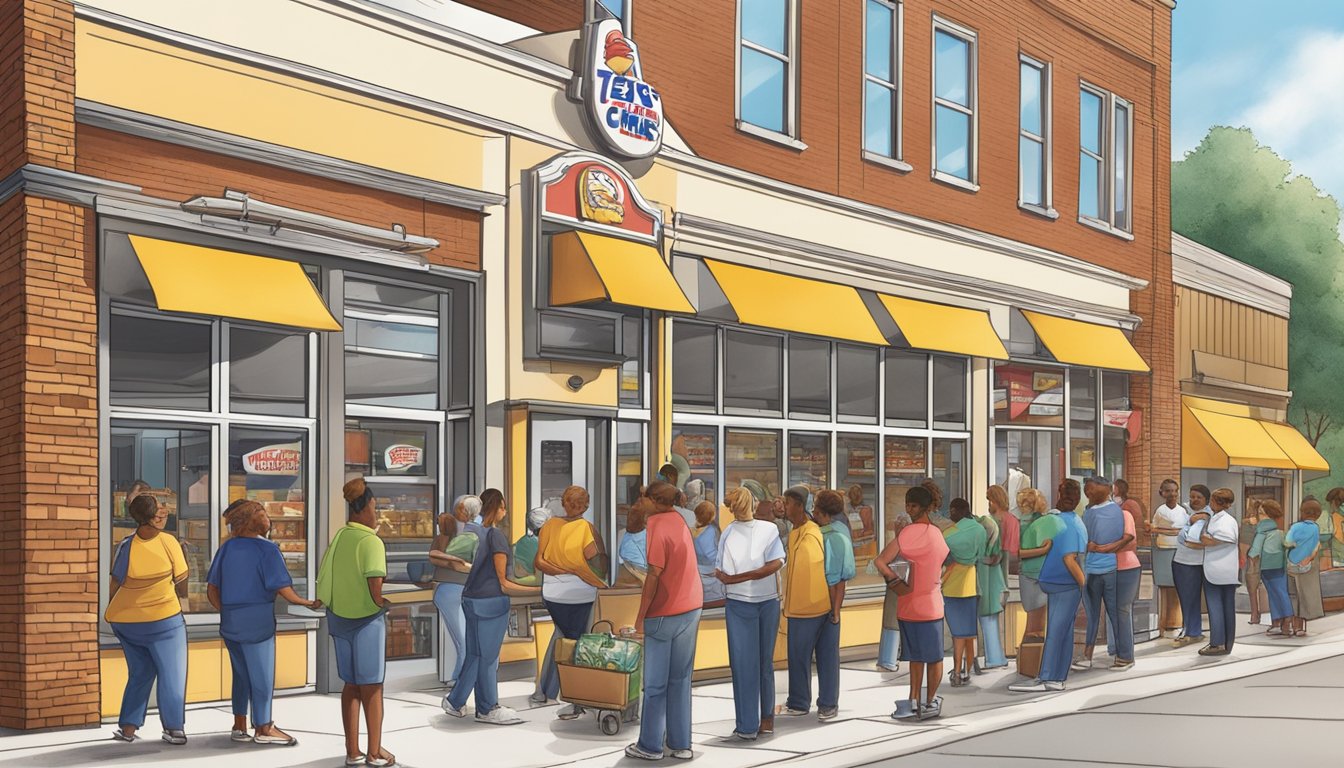 A bustling Church's Texas Chicken store with a line of customers out the door, while franchise owners receive support and guidance from corporate staff