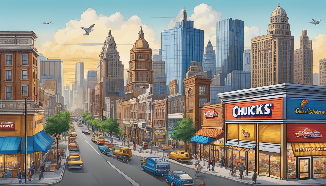 A bustling cityscape with iconic Church's Texas Chicken storefronts popping up across the skyline, showcasing the brand's expansion across America