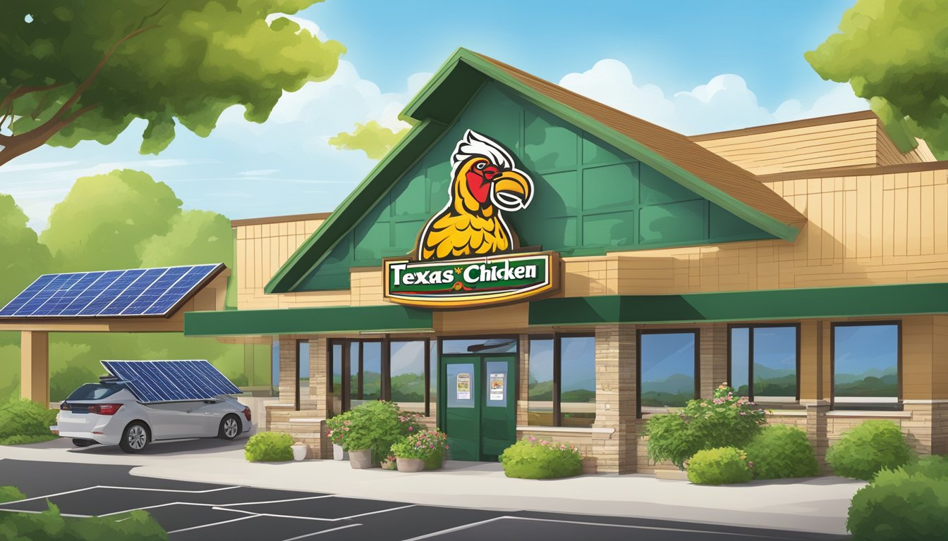 A bustling Church's Texas Chicken location surrounded by lush greenery and solar panels, with a chart showing steady financial growth