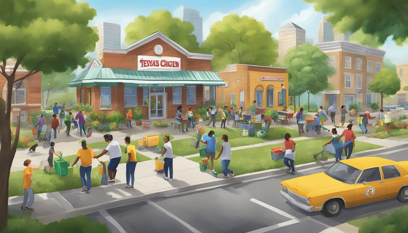 A bustling urban neighborhood with a Church's Texas Chicken restaurant surrounded by green spaces, recycling bins, and community members participating in clean-up activities