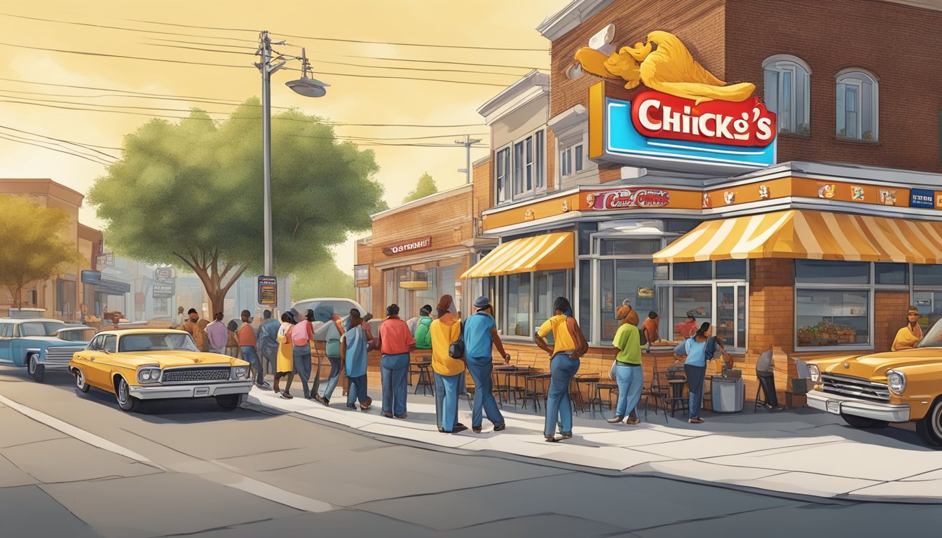 A bustling street corner with Church's Texas Chicken standing out among other fast-food chicken chains with bold signage and a line of customers