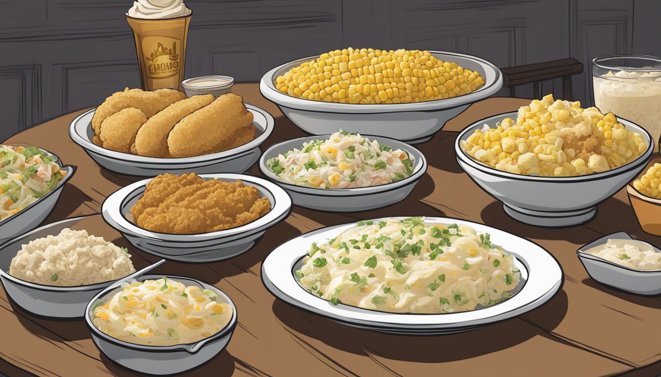 A table with a spread of signature side dishes like mashed potatoes, coleslaw, and corn on the cob, displayed alongside Church's Texas Chicken