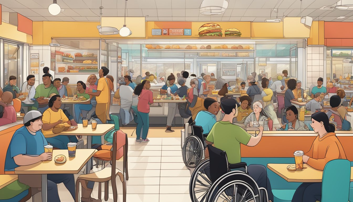 A bustling fast food restaurant with a wheelchair-accessible entrance and a large, diverse crowd enjoying their meals