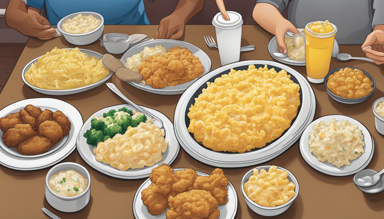 A table set with plates of mashed potatoes, coleslaw, and macaroni and cheese, surrounded by people enjoying their meals at Church's Texas Chicken