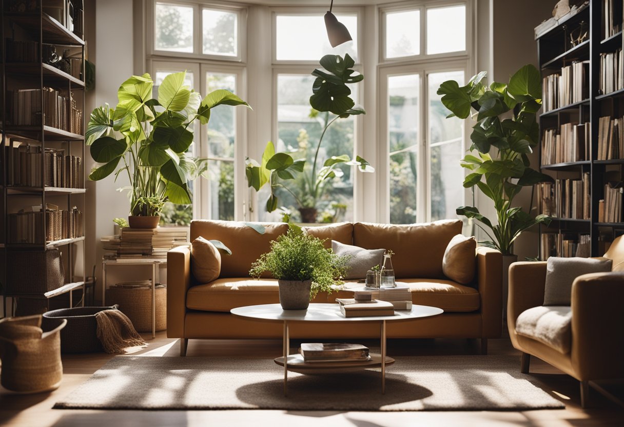 Un salon confortable avec des meubles dépareillés, des plantes et des livres éparpillés. La lumière du soleil pénètre par la fenêtre, projetant des ombres chaleureuses sur les murs.