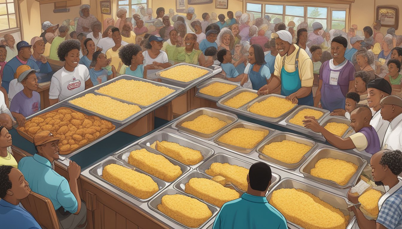 A table filled with steaming trays of cornbread, mashed potatoes, and coleslaw, surrounded by eager customers at Church's Texas Chicken