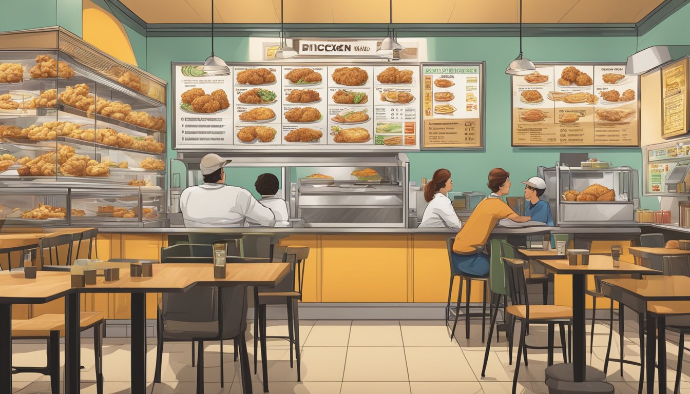 A busy fast food restaurant with a menu board showing various fried chicken options, while a nutrition label is displayed prominently