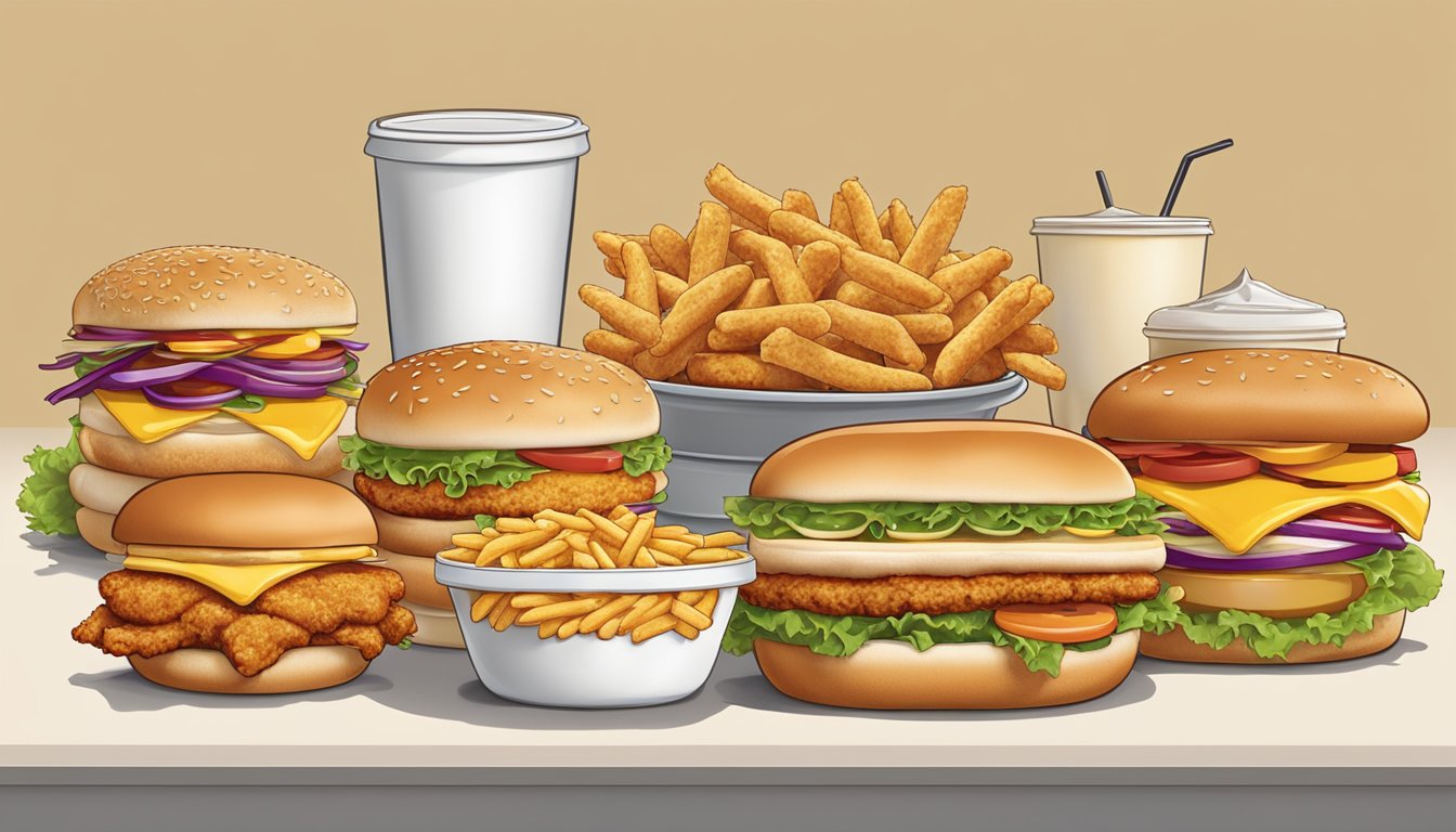 A table with a variety of fast food chicken sandwiches from different chains, including Church's Texas Chicken, arranged for comparison