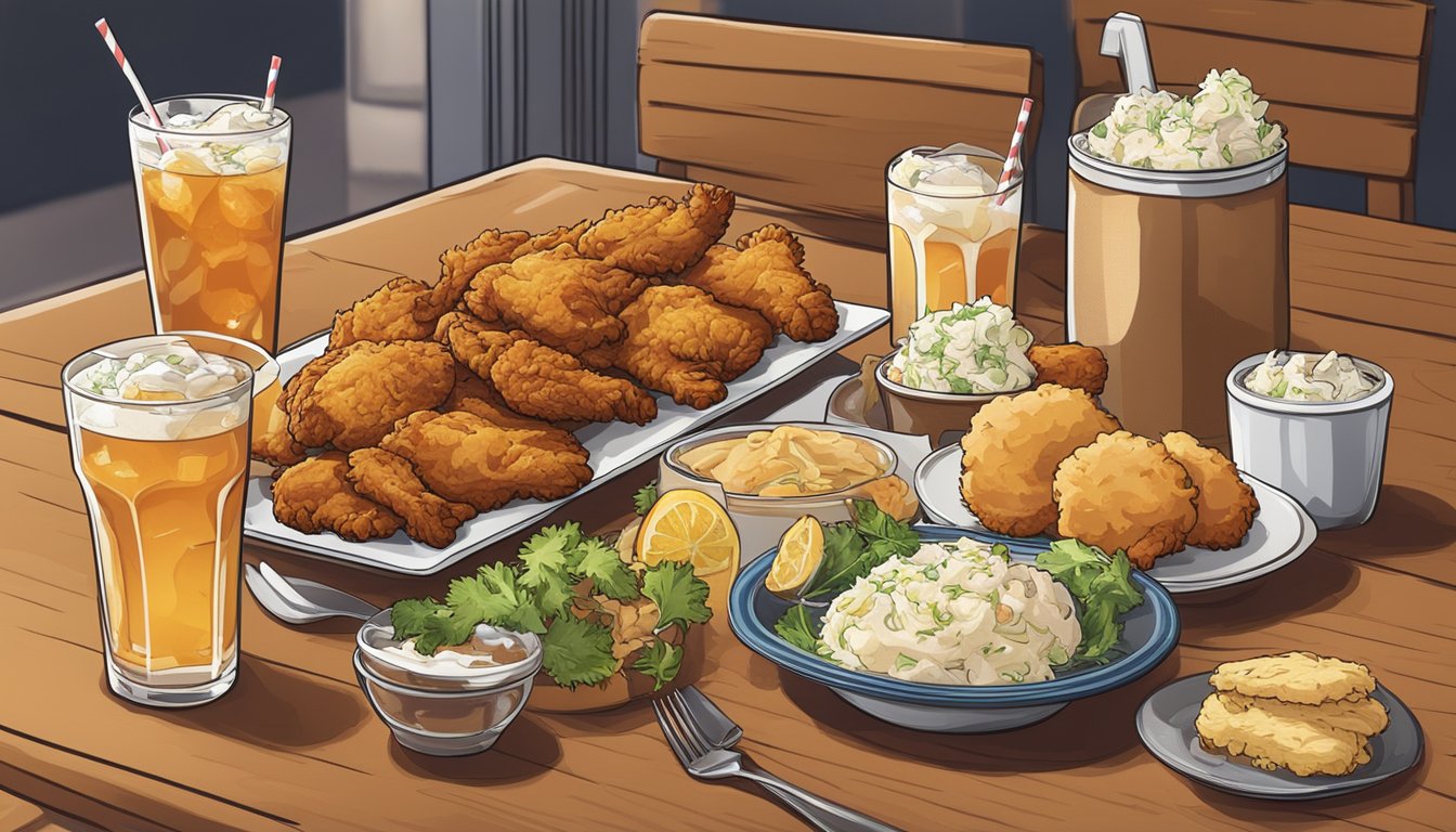 A table set with fried chicken, mashed potatoes, coleslaw, and biscuits, accompanied by various beverage options such as iced tea and soda