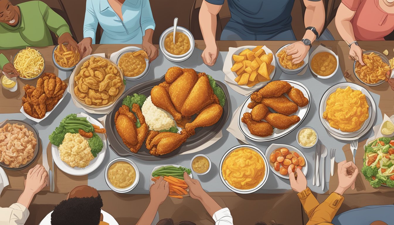 A table spread with Church's Texas Chicken meal combos and popular side dishes, surrounded by a family enjoying their meal together