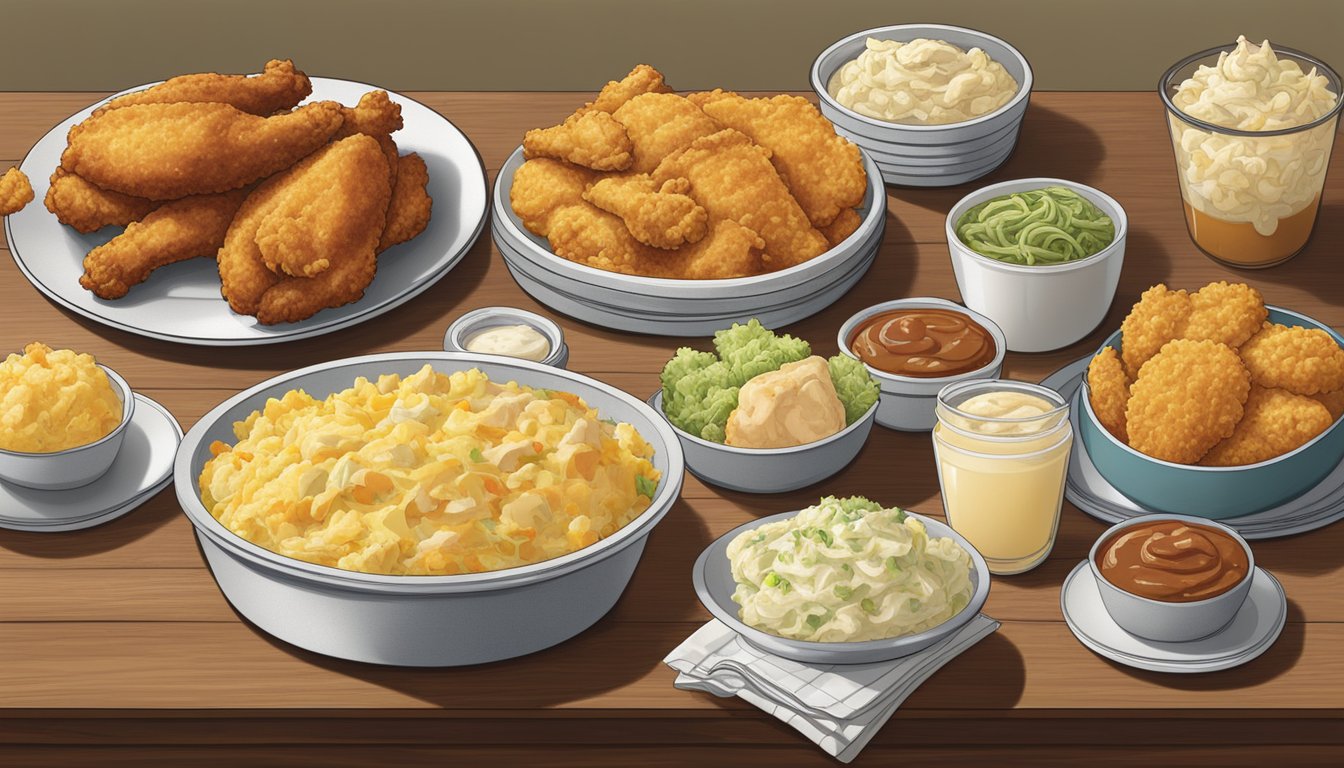 A table with various side dishes and extras, including coleslaw, mashed potatoes, and biscuits, displayed alongside Church's Texas Chicken and other fast food chicken chain offerings