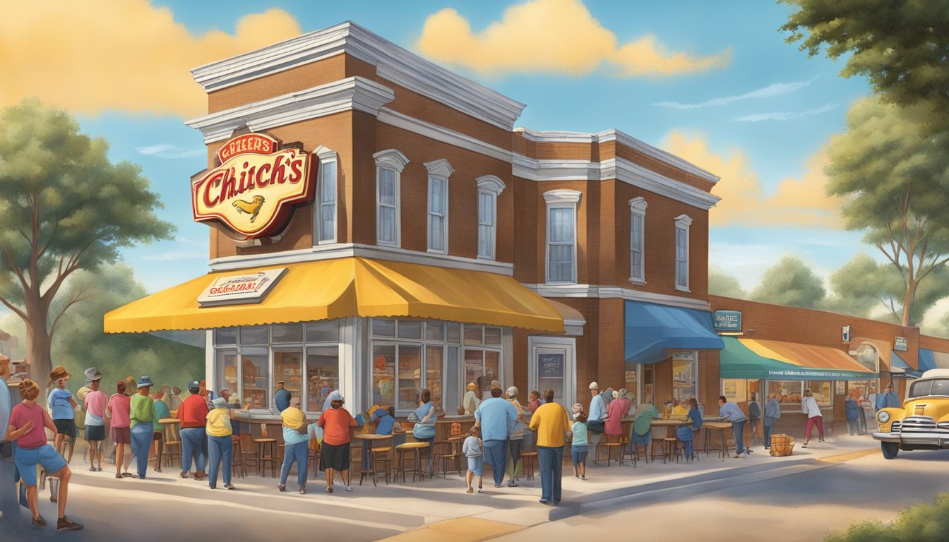 A bustling Texas town with a vintage Church's Chicken store front, surrounded by happy customers enjoying the return of the original recipe