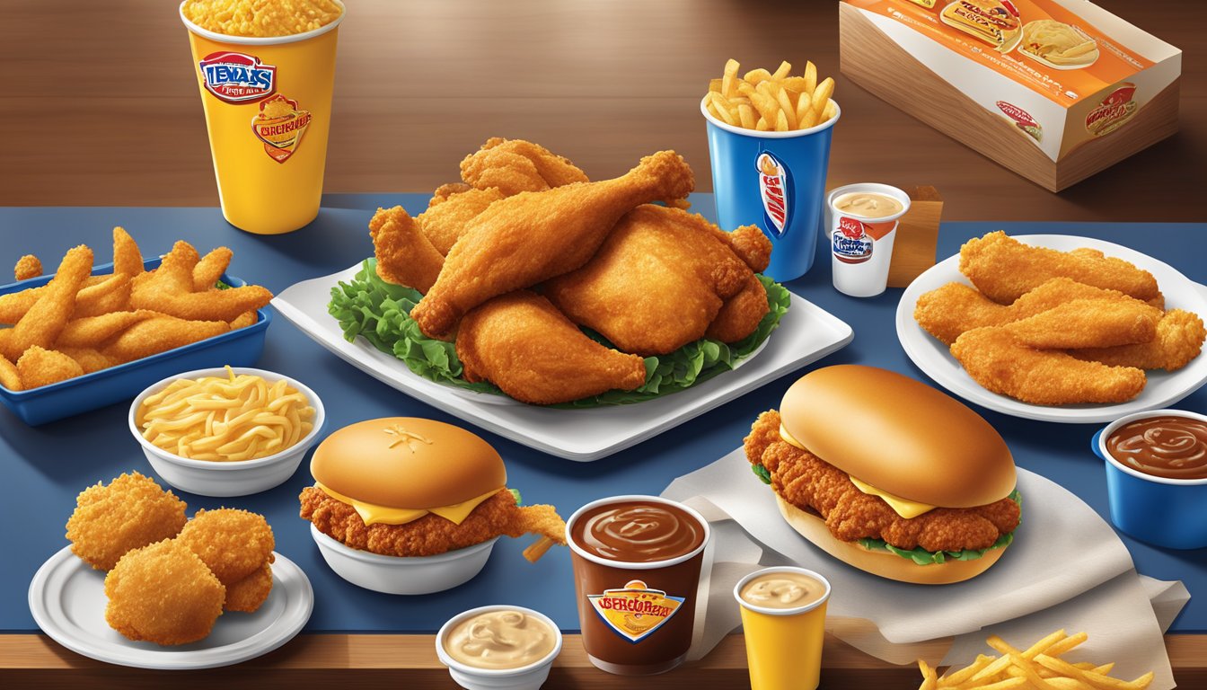 A colorful display of Church's Texas Chicken's limited time offers and seasonal items, surrounded by vibrant graphics and enticing food images