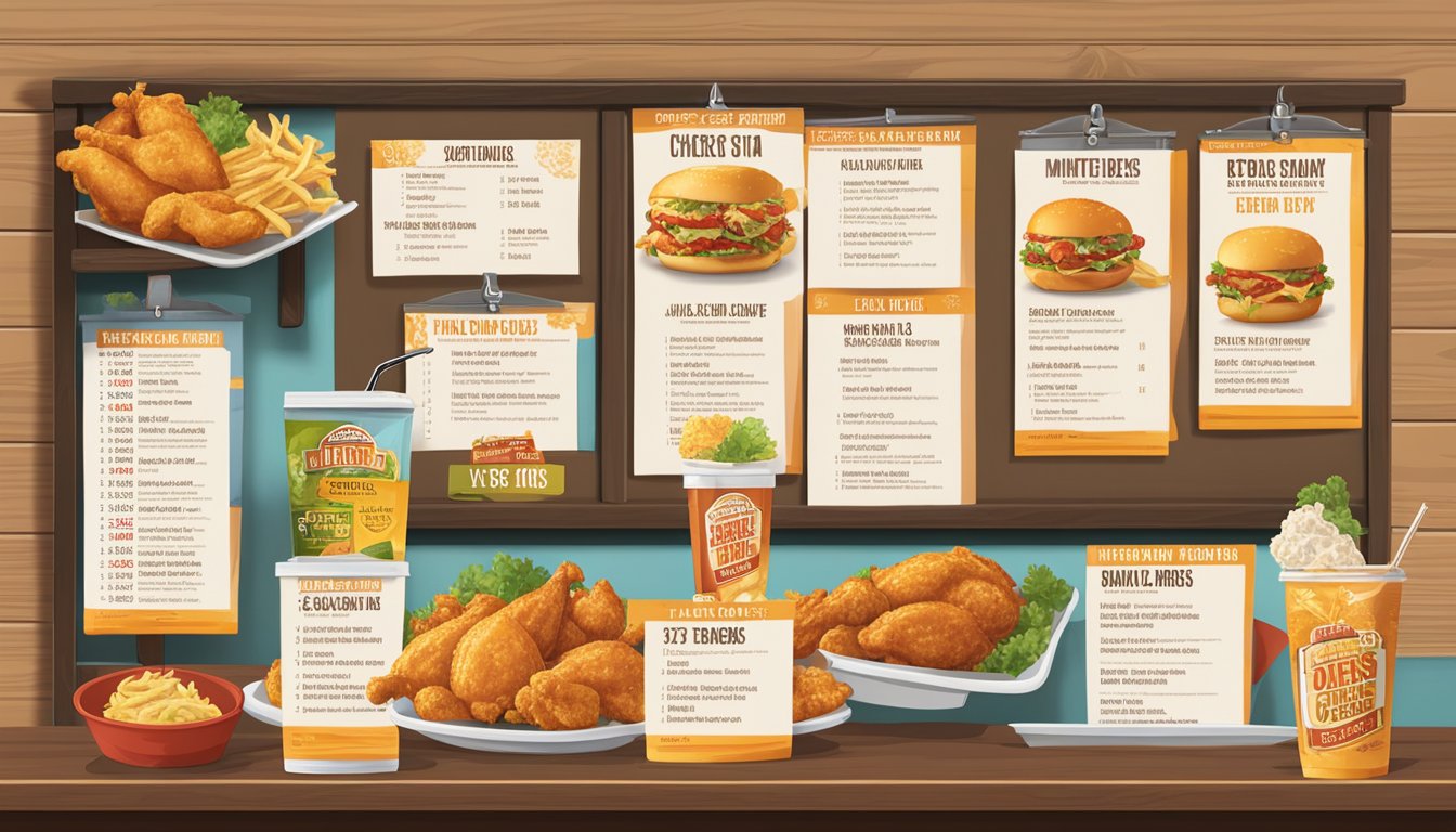 A table with a variety of Texas Chicken's limited time offers and seasonal items displayed on a menu board