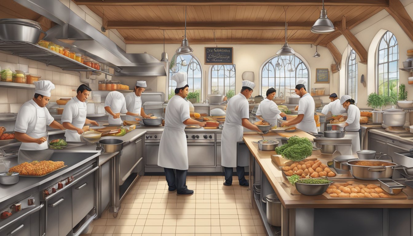 A bustling kitchen with chefs preparing ingredients and cooking equipment laid out, while a prominent sign displays "Original Recipe" above a Church's Chicken restaurant