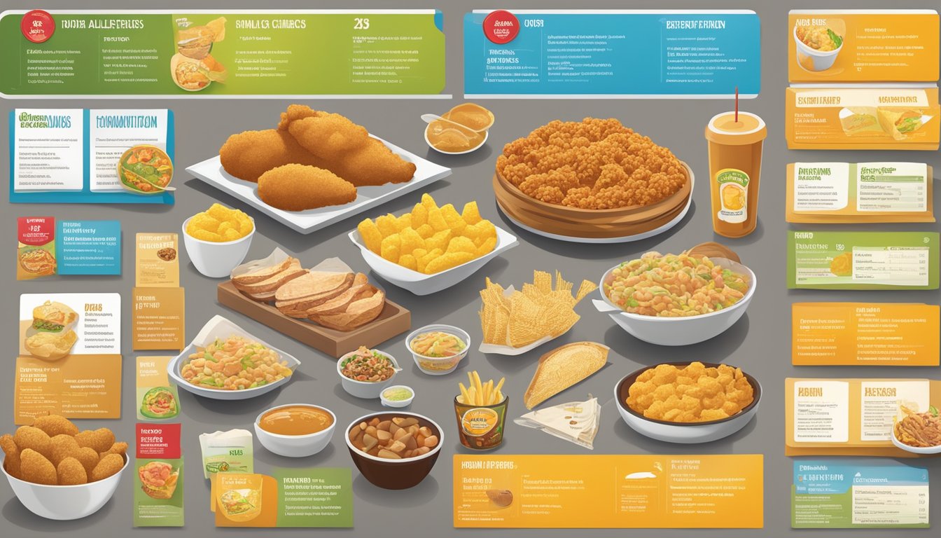 A table with various food items and their corresponding nutrition and allergen information charts displayed at a Church's Texas Chicken restaurant