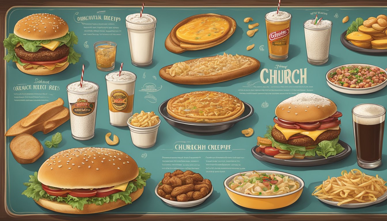 A vintage-style menu board showcasing the evolution of Church's original recipe, surrounded by nostalgic imagery and ingredients