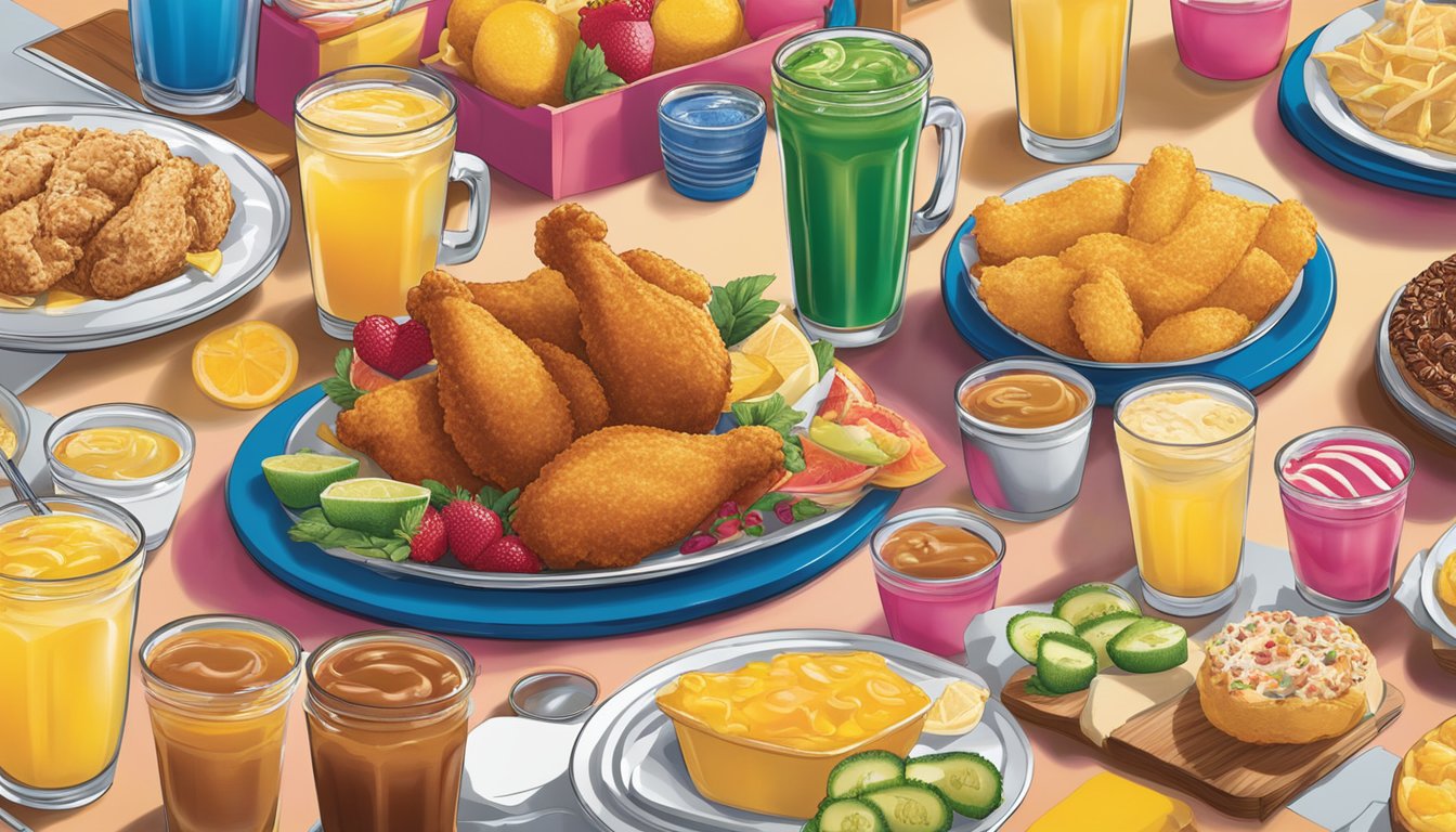 A table with a variety of beverages and desserts from Church's Texas Chicken's limited time offers and seasonal items displayed in a colorful and inviting arrangement