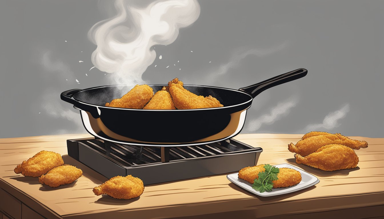 A sizzling skillet of golden, crispy chicken emerges from a vintage oven, filling the air with the mouth-watering aroma of Church's original recipe