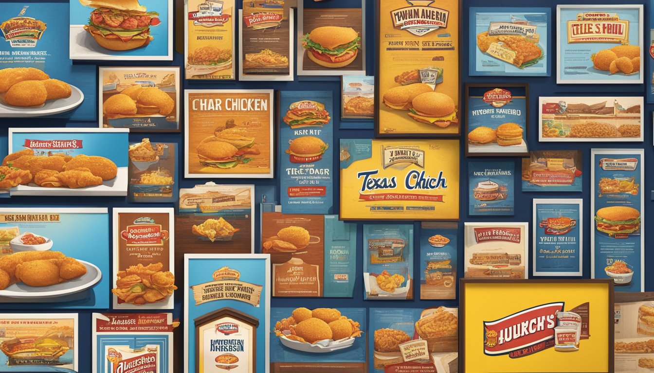 A timeline of Church's Texas Chicken's marketing campaigns, from vintage posters to modern digital ads, displayed in a gallery setting