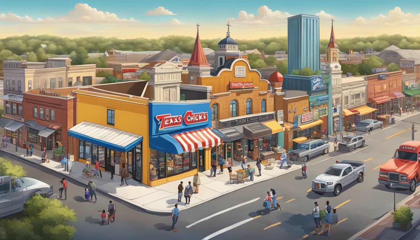 A vibrant and bustling Texas town with a prominent Church's Texas Chicken restaurant at the center, surrounded by other businesses and a diverse mix of people